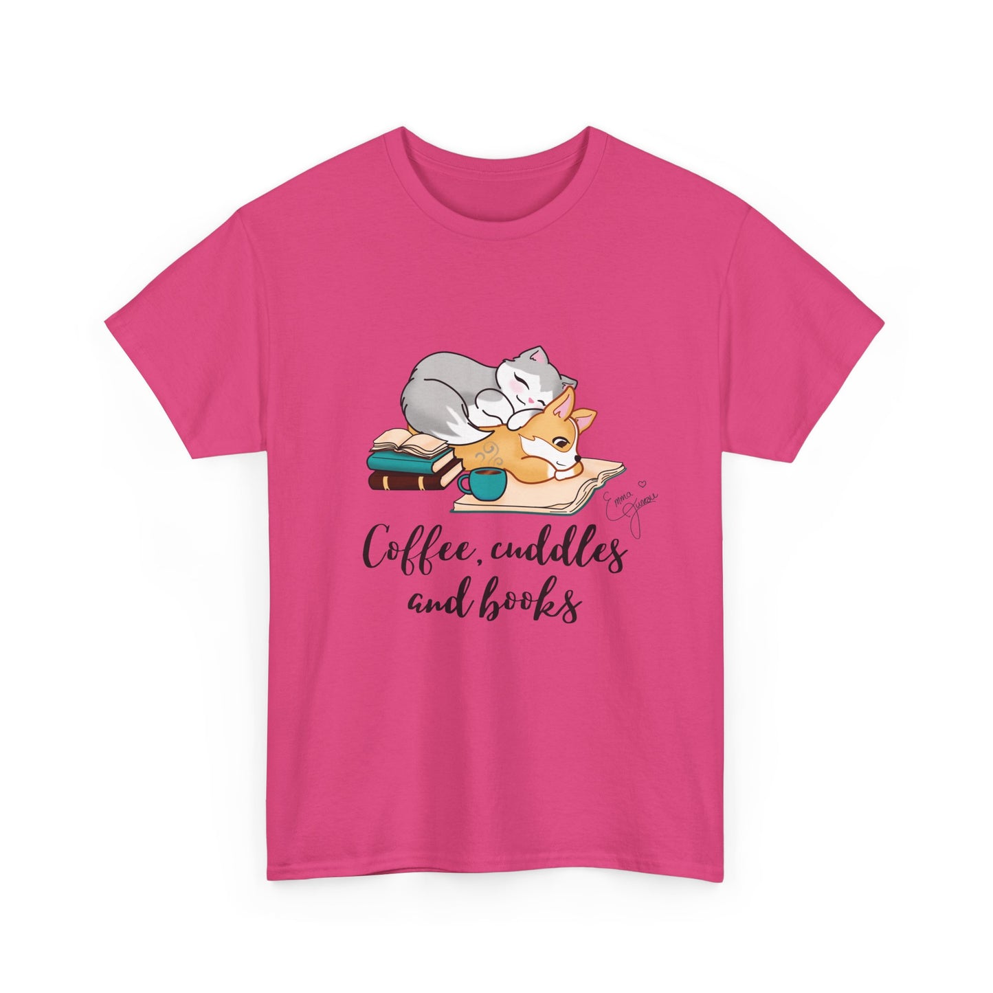 Kitty and Corgi Coffee Cuddles and Books Unisex Heavy Cotton Tee