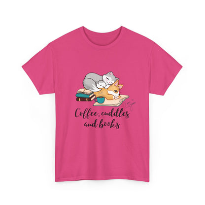Kitty and Corgi Coffee Cuddles and Books Unisex Heavy Cotton Tee
