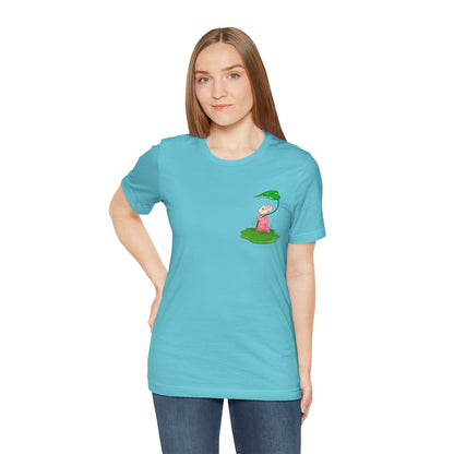 Sakura Mousie with a Leaf Umbrella on a Rainy Day - Super Soft Cotton Airlume Unisex T-Shirt (Small Pocket Graphic)