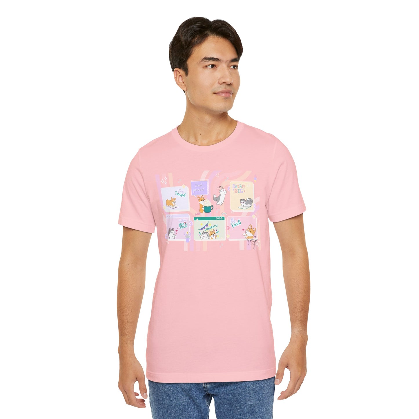 Kitty and Corgi - Groovy Encouragement Compilation - Super Soft Cotton Airlume Unisex T-Shirt (Horizontal Graphic)
