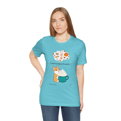 Corgi is Fueled by Happy Thoughts of Fall and Pumpkin Spice - Super Soft Cotton Airlume Unisex T-Shirt (Large Graphic)