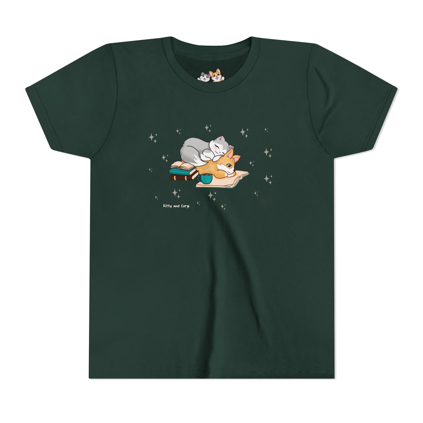 Youth Tee —  Kitty and Corgi Cuddles and Books - Unisex Youth/ Children's Graphic Tee