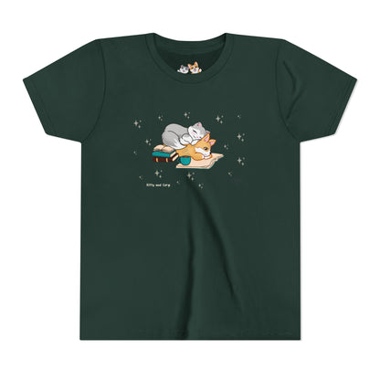 Youth Tee —  Kitty and Corgi Cuddles and Books - Unisex Youth/ Children's Graphic Tee