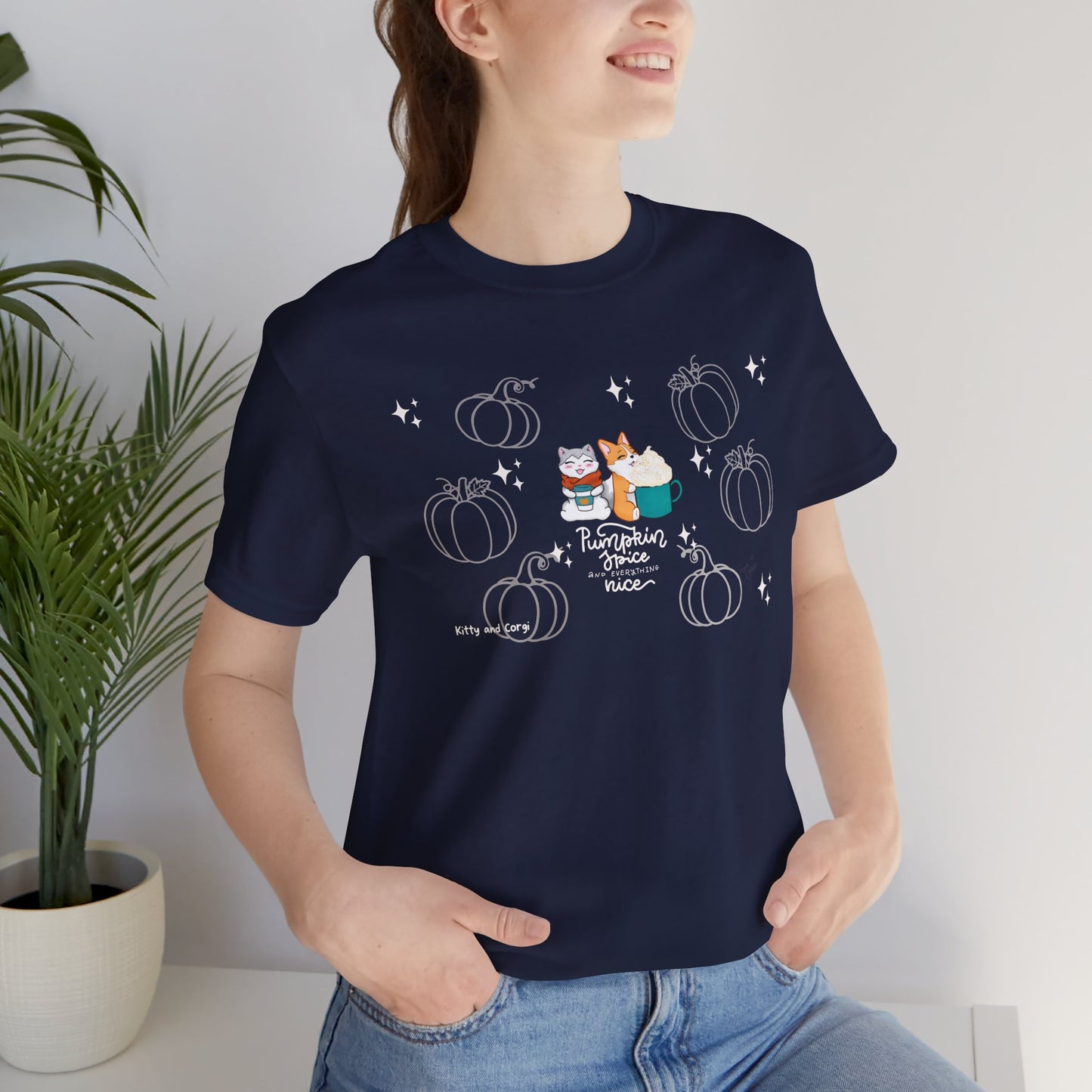 Kitty and Corgi - Pumpkin Spice and Everything Nice - Super Soft Cotton Airlume Unisex T-Shirt (Large Front Graphic)