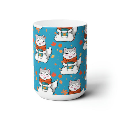 Kitty loves her seasonal Fall drinks! - Turquoise patterned mug - 15oz