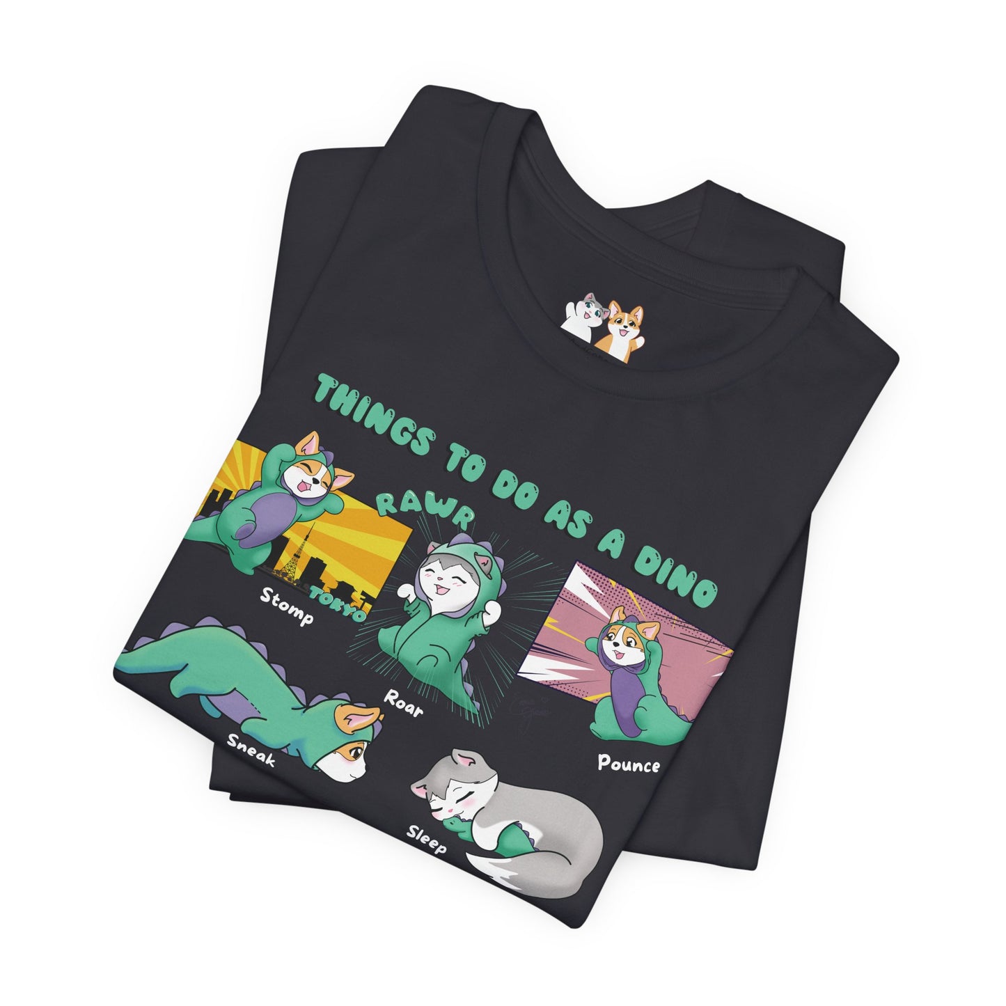 Kitty and Corgi - Things To Do As A Dino - Super Soft Cotton Airlume Unisex T-Shirt (Horizontal Graphic)