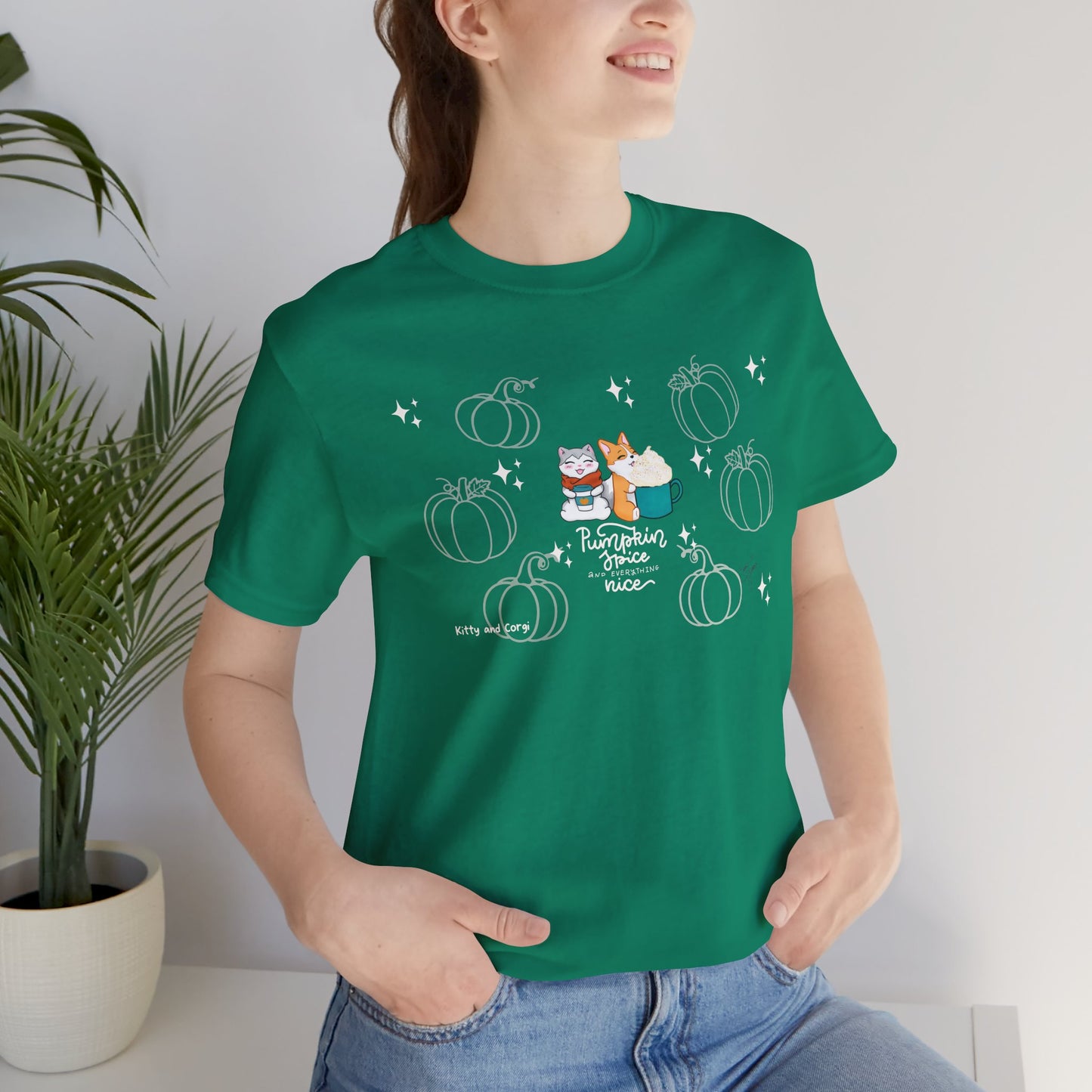 Kitty and Corgi - Pumpkin Spice and Everything Nice - Super Soft Cotton Airlume Unisex T-Shirt (Large Front Graphic)