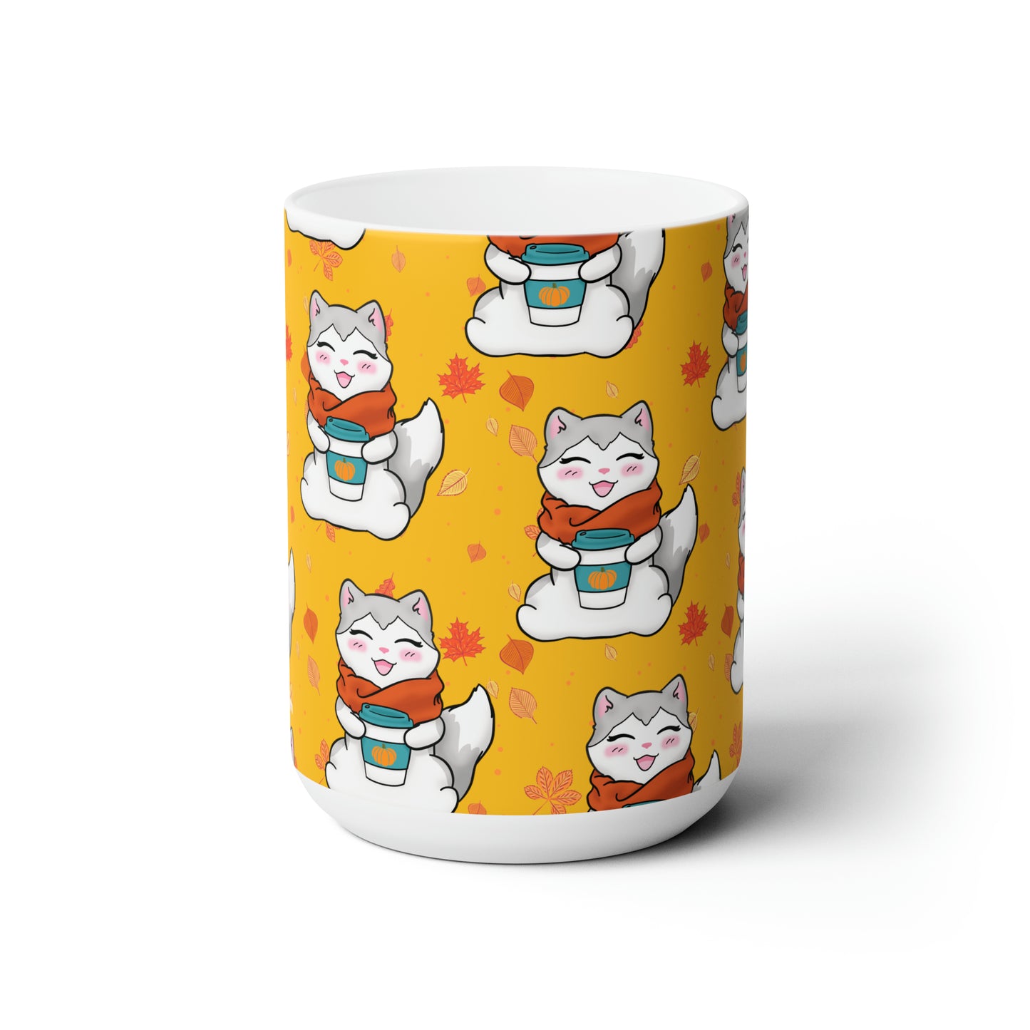 Kitty loves her seasonal Fall drinks! - Autumn Yellow patterned mug - 15oz