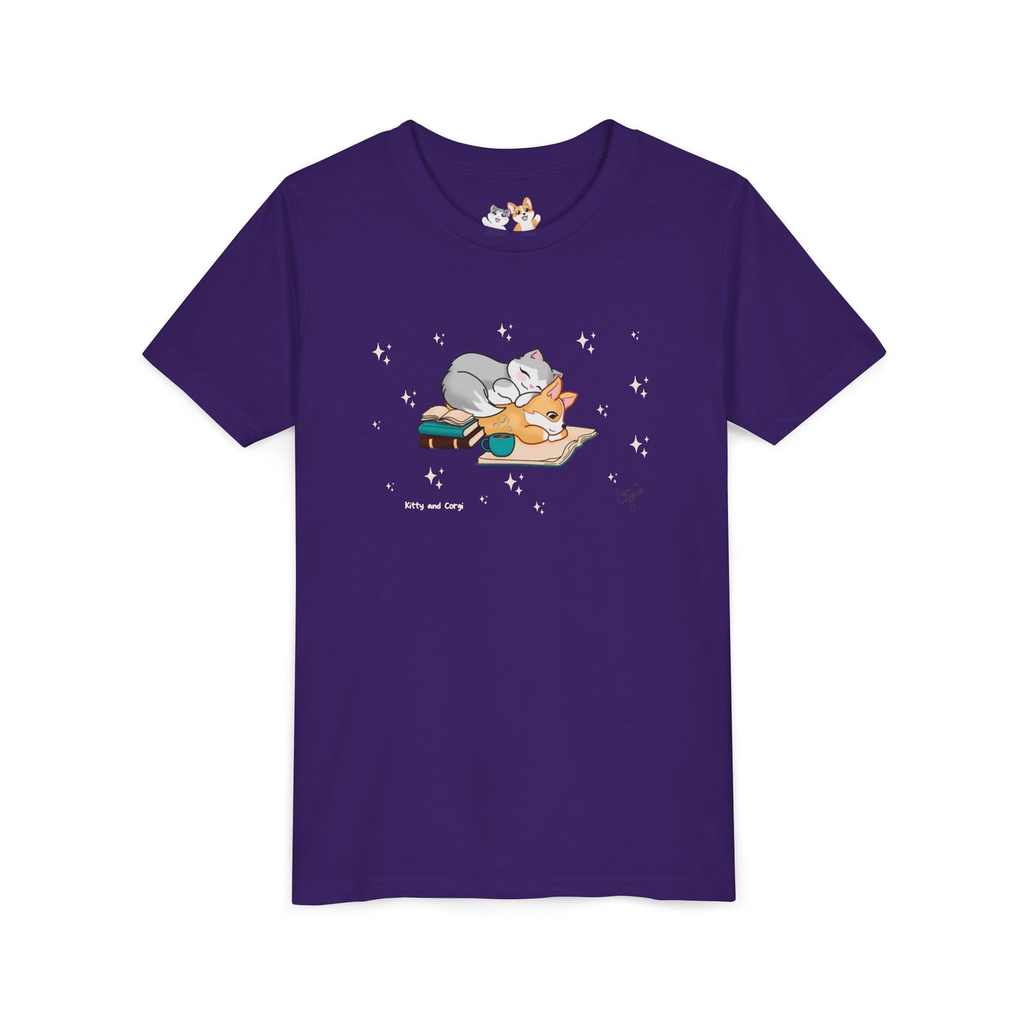 Youth Tee —  Kitty and Corgi Cuddles and Books - Unisex Youth/ Children's Graphic Tee
