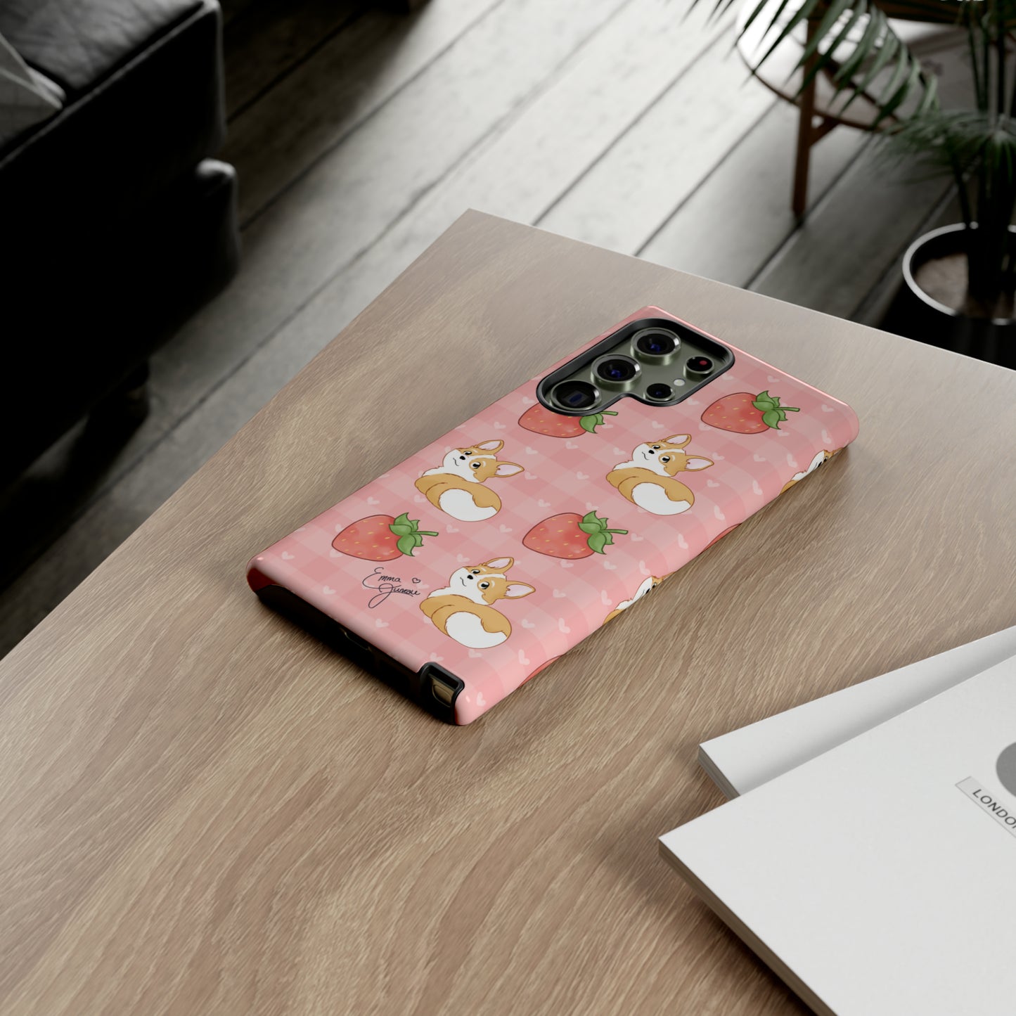 Corgi Butt and Strawberries Cute Pink Gingham Hearts Tough Case