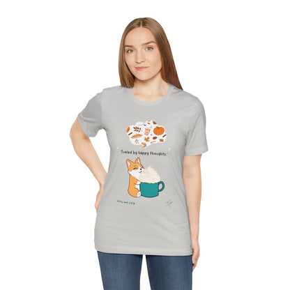 Corgi is Fueled by Happy Thoughts of Fall and Pumpkin Spice - Super Soft Cotton Airlume Unisex T-Shirt (Large Graphic)