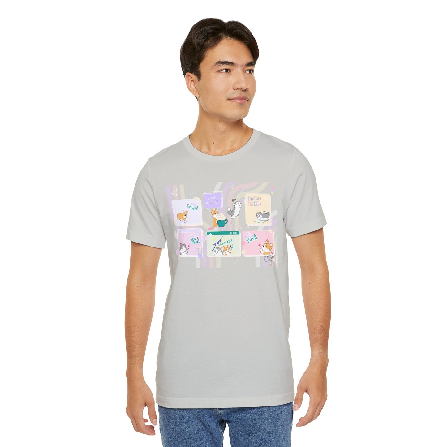 Kitty and Corgi - Groovy Encouragement Compilation - Super Soft Cotton Airlume Unisex T-Shirt (Horizontal Graphic)