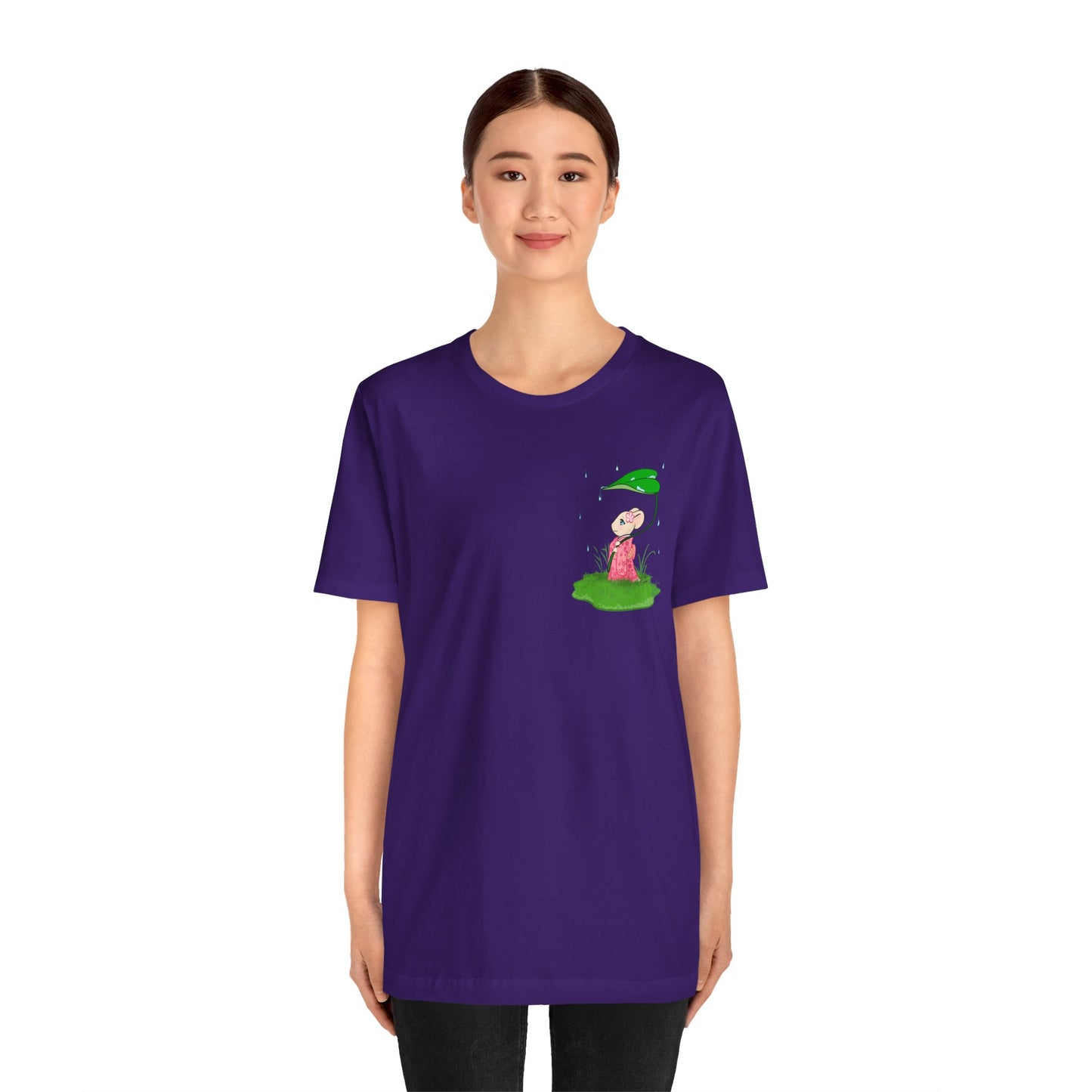 Sakura Mousie with a Leaf Umbrella on a Rainy Day - Super Soft Cotton Airlume Unisex T-Shirt (Small Pocket Graphic)