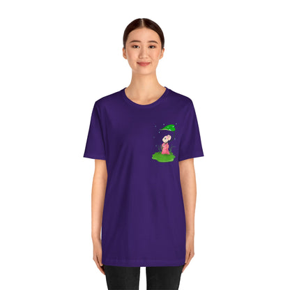 Sakura Mousie with a Leaf Umbrella on a Rainy Day - Super Soft Cotton Airlume Unisex T-Shirt (Small Pocket Graphic)