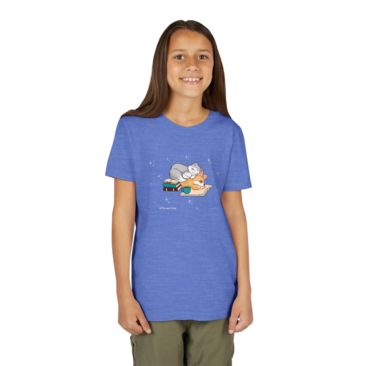 Youth Tee —  Kitty and Corgi Cuddles and Books - Unisex Youth/ Children's Graphic Tee