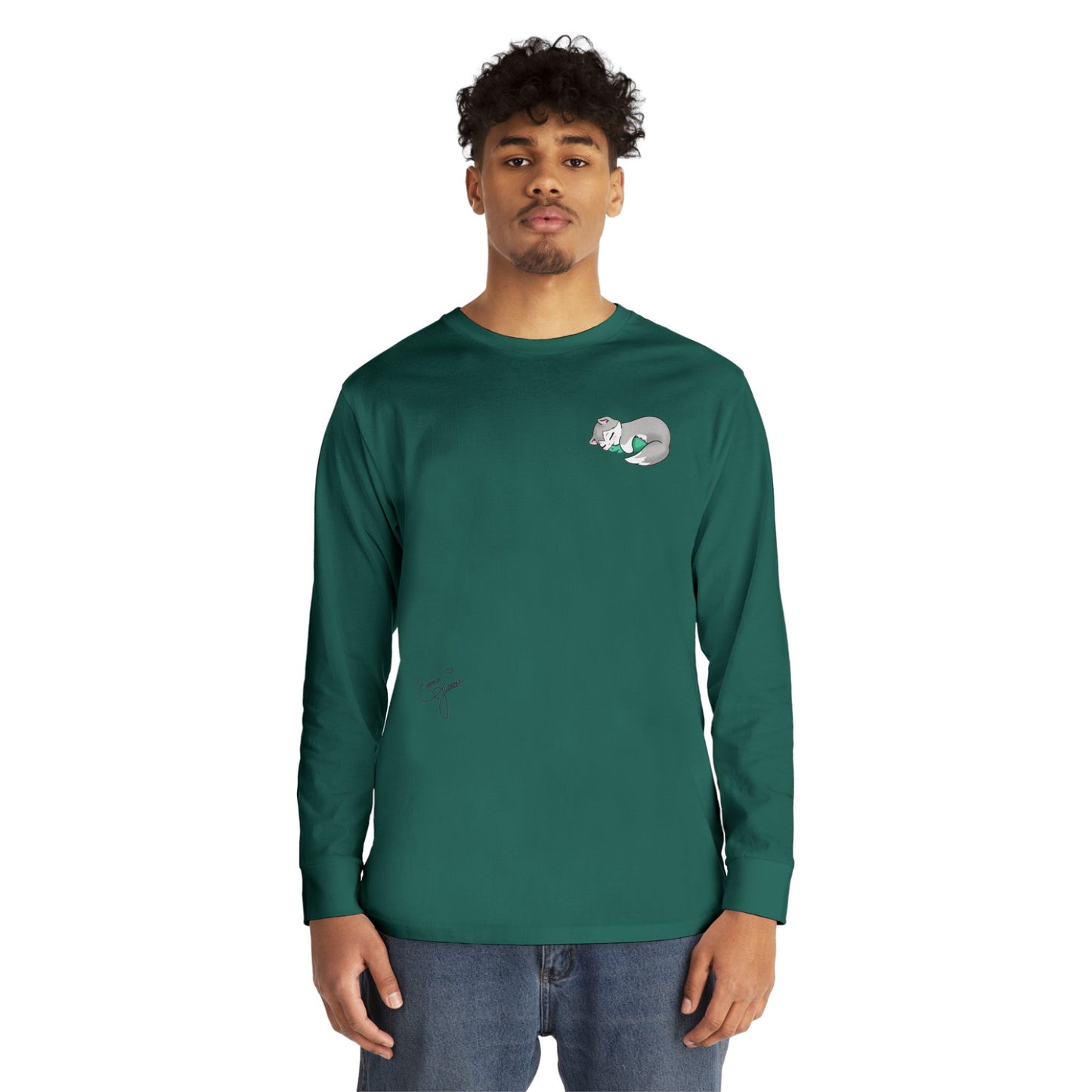 Sleepy Kitty snuggled up with her favorite Dino Plushie - Unisex Graphic Long Sleeve Tee