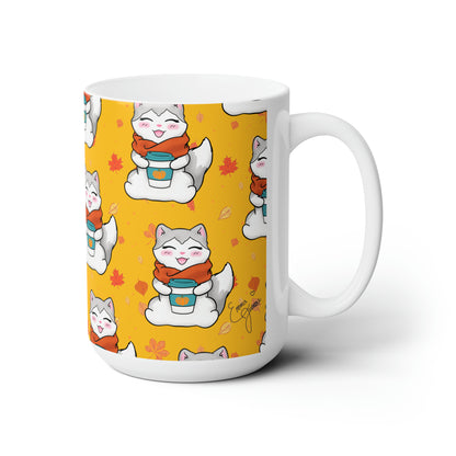 Kitty loves her seasonal Fall drinks! - Autumn Yellow patterned mug - 15oz