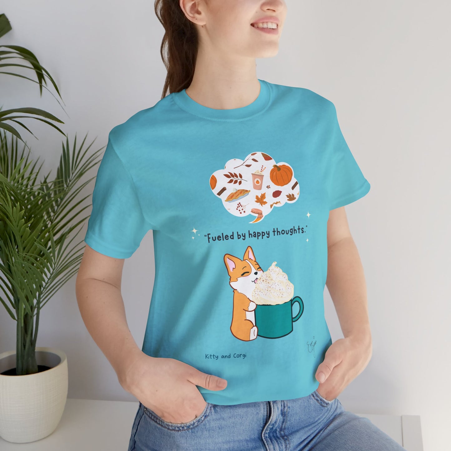 Corgi is Fueled by Happy Thoughts of Fall and Pumpkin Spice - Super Soft Cotton Airlume Unisex T-Shirt (Large Graphic)