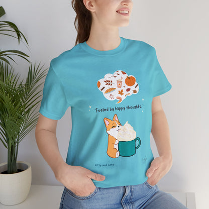 Corgi is Fueled by Happy Thoughts of Fall and Pumpkin Spice - Super Soft Cotton Airlume Unisex T-Shirt (Large Graphic)