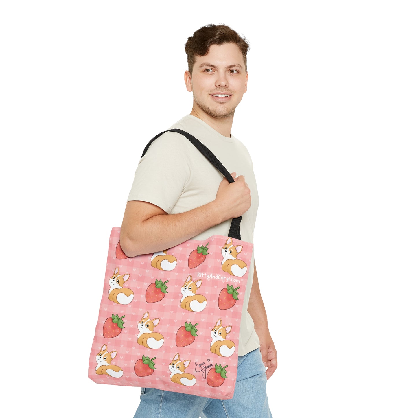 Corgi Butt and Strawberries Pink Heart Gingham Tote Bag