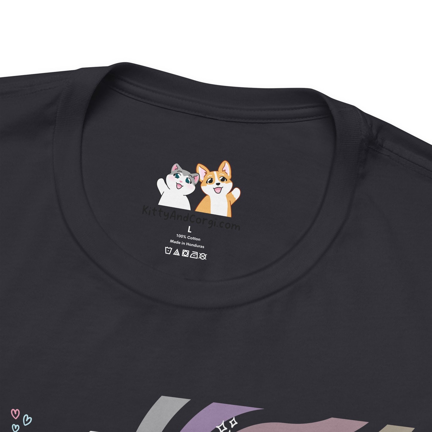 Kitty and Corgi - Groovy Encouragement Compilation - Super Soft Cotton Airlume Unisex T-Shirt (Horizontal Graphic)