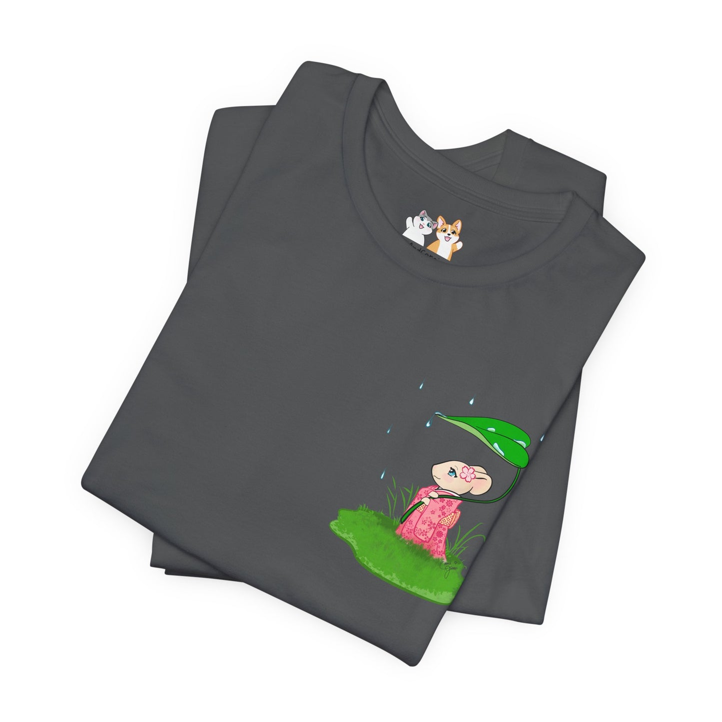 Sakura Mousie with a Leaf Umbrella on a Rainy Day - Super Soft Cotton Airlume Unisex T-Shirt (Small Pocket Graphic)
