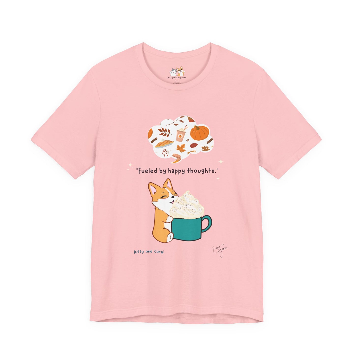 Corgi is Fueled by Happy Thoughts of Fall and Pumpkin Spice - Super Soft Cotton Airlume Unisex T-Shirt (Large Graphic)