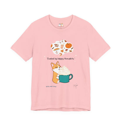 Corgi is Fueled by Happy Thoughts of Fall and Pumpkin Spice - Super Soft Cotton Airlume Unisex T-Shirt (Large Graphic)