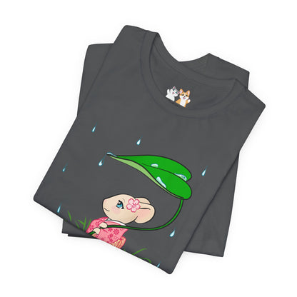 Sakura Mousie with a Leaf Umbrella on a Rainy Day - Super Soft Cotton Airlume Unisex T-Shirt (Large Graphic)