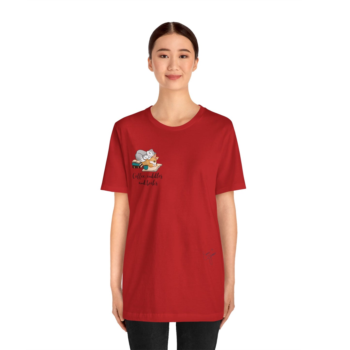 Kitty and Corgi — Coffee, Cuddles, and Books — Super Soft Cotton Airlume Unisex T-Shirt