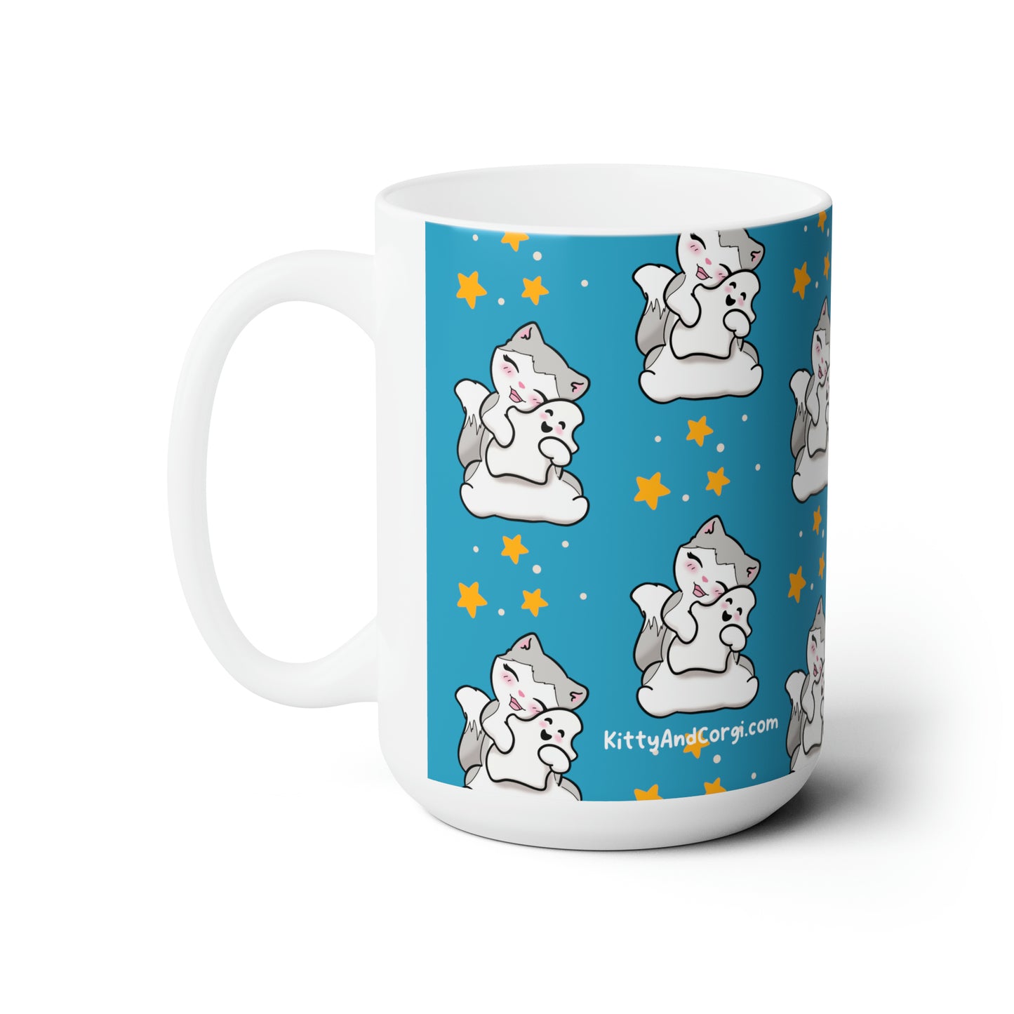Kitty loves her Ghostie Pillow - Patterned Turquoise Halloween Mug - 15oz