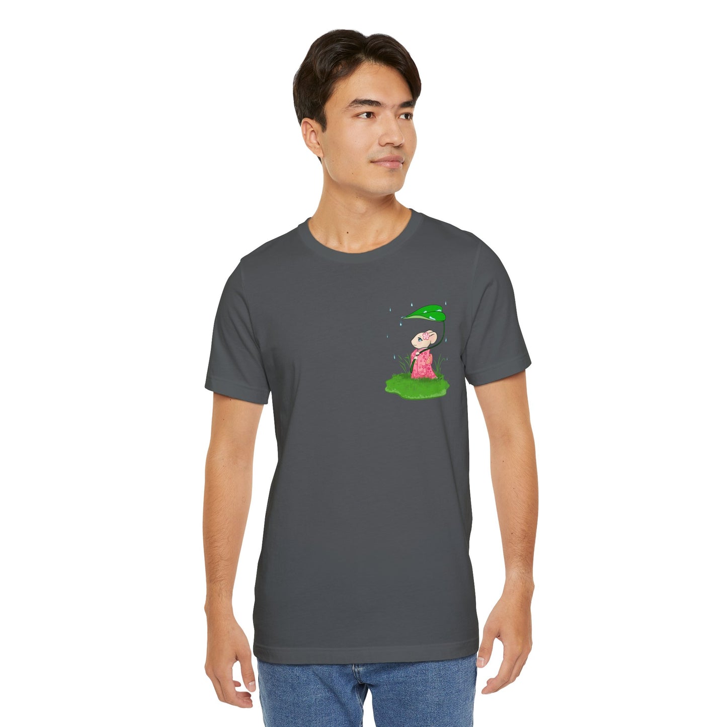 Sakura Mousie with a Leaf Umbrella on a Rainy Day - Super Soft Cotton Airlume Unisex T-Shirt (Small Pocket Graphic)