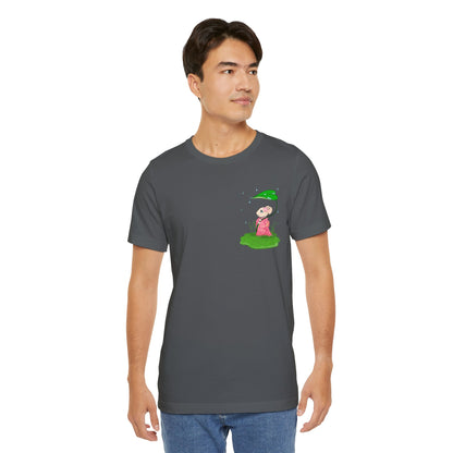 Sakura Mousie with a Leaf Umbrella on a Rainy Day - Super Soft Cotton Airlume Unisex T-Shirt (Small Pocket Graphic)
