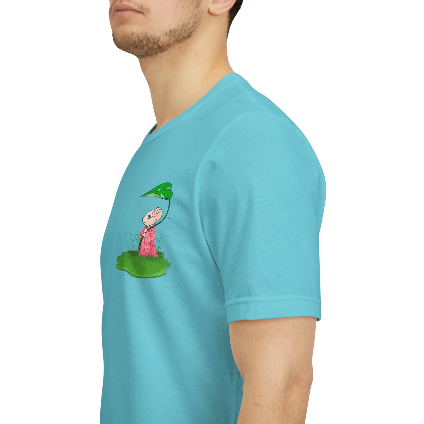 Sakura Mousie with a Leaf Umbrella on a Rainy Day - Super Soft Cotton Airlume Unisex T-Shirt (Small Pocket Graphic)