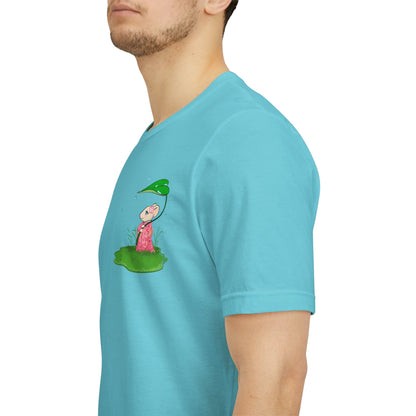 Sakura Mousie with a Leaf Umbrella on a Rainy Day - Super Soft Cotton Airlume Unisex T-Shirt (Small Pocket Graphic)