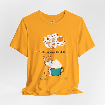 Corgi is Fueled by Happy Thoughts of Fall and Pumpkin Spice - Super Soft Cotton Airlume Unisex T-Shirt (Large Graphic)