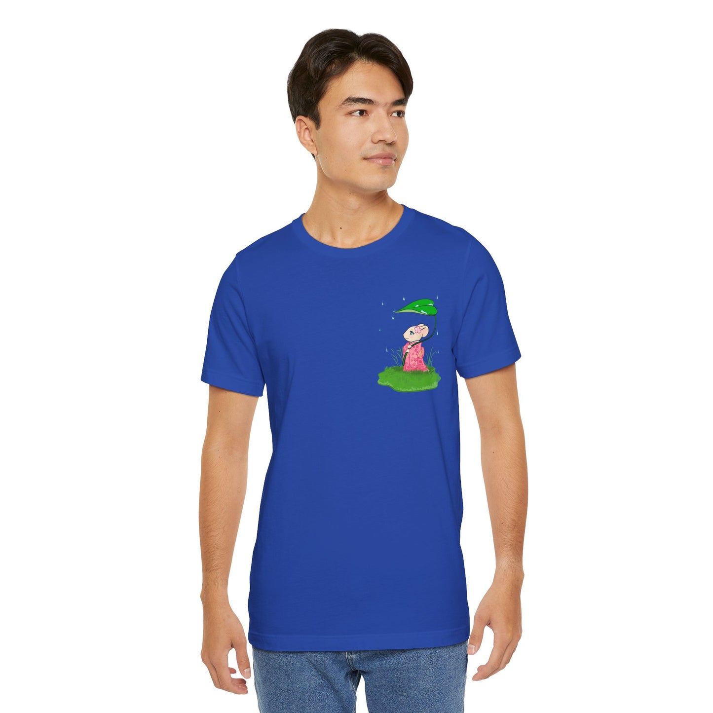 Sakura Mousie with a Leaf Umbrella on a Rainy Day - Super Soft Cotton Airlume Unisex T-Shirt (Small Pocket Graphic)