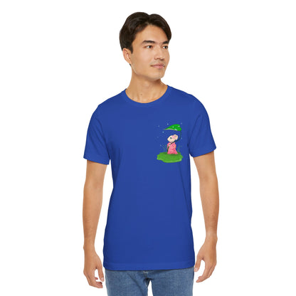 Sakura Mousie with a Leaf Umbrella on a Rainy Day - Super Soft Cotton Airlume Unisex T-Shirt (Small Pocket Graphic)