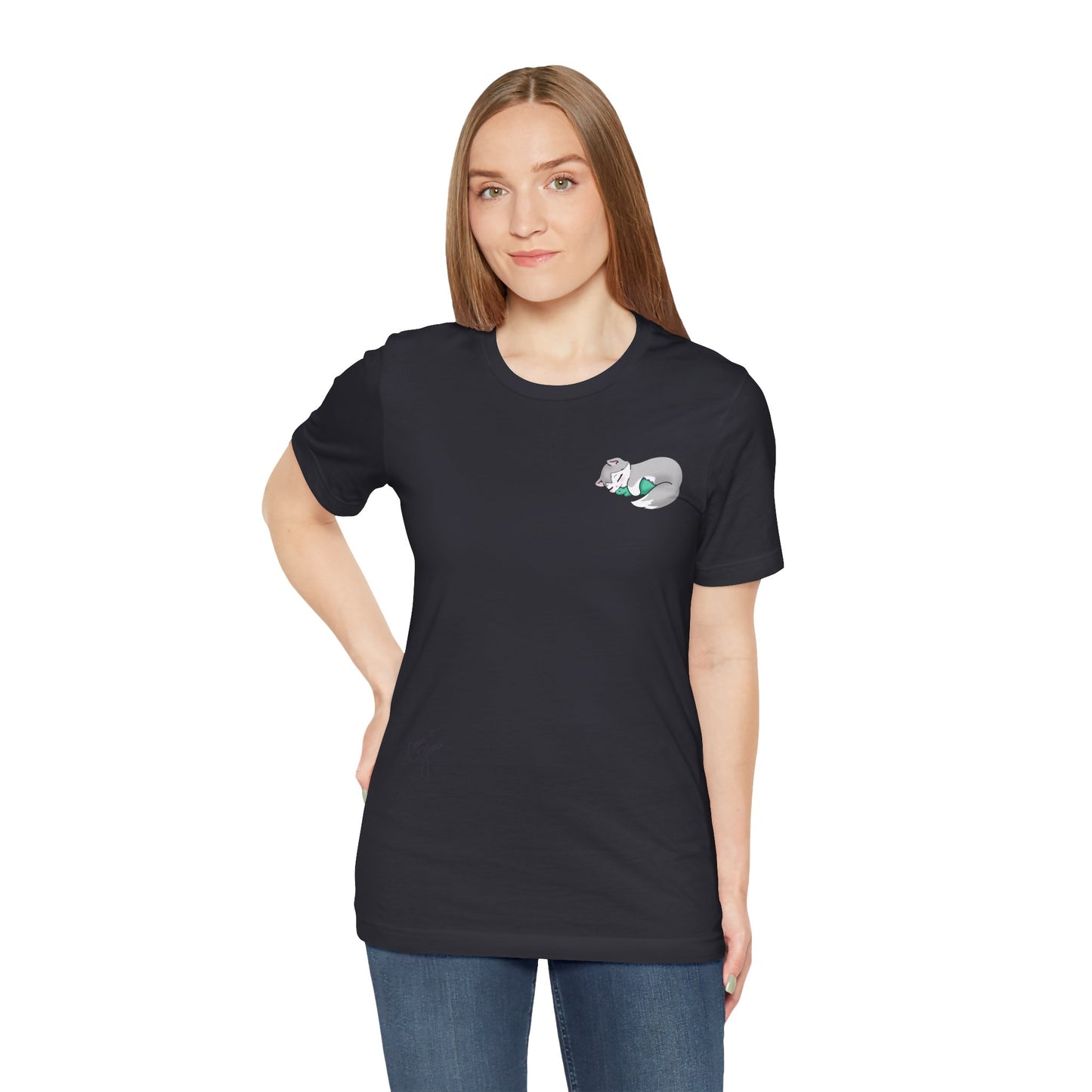 Kitty and Corgi — Sleepy Kitty Snuggling Her Dino Plushie — Super Soft Cotton Airlume Unisex T-Shirt