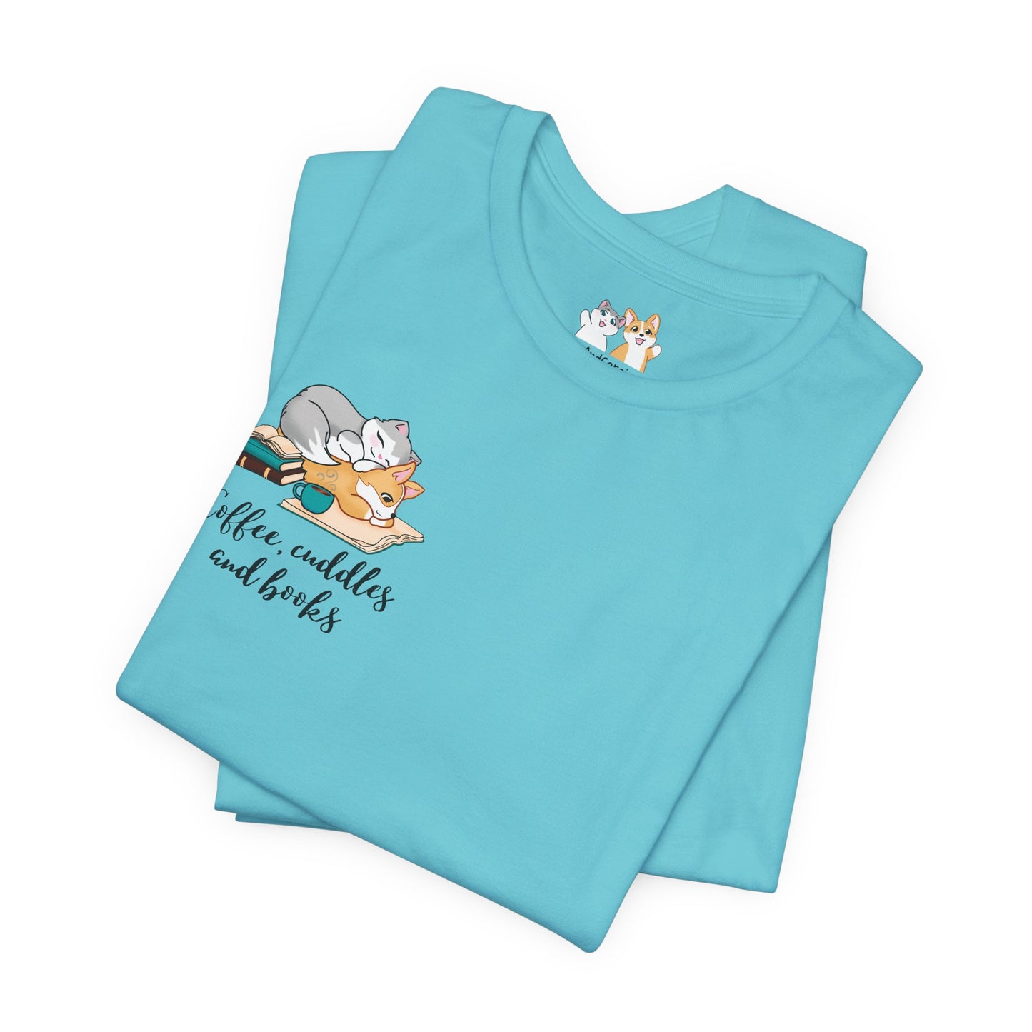 Kitty and Corgi — Coffee, Cuddles, and Books — Super Soft Cotton Airlume Unisex T-Shirt