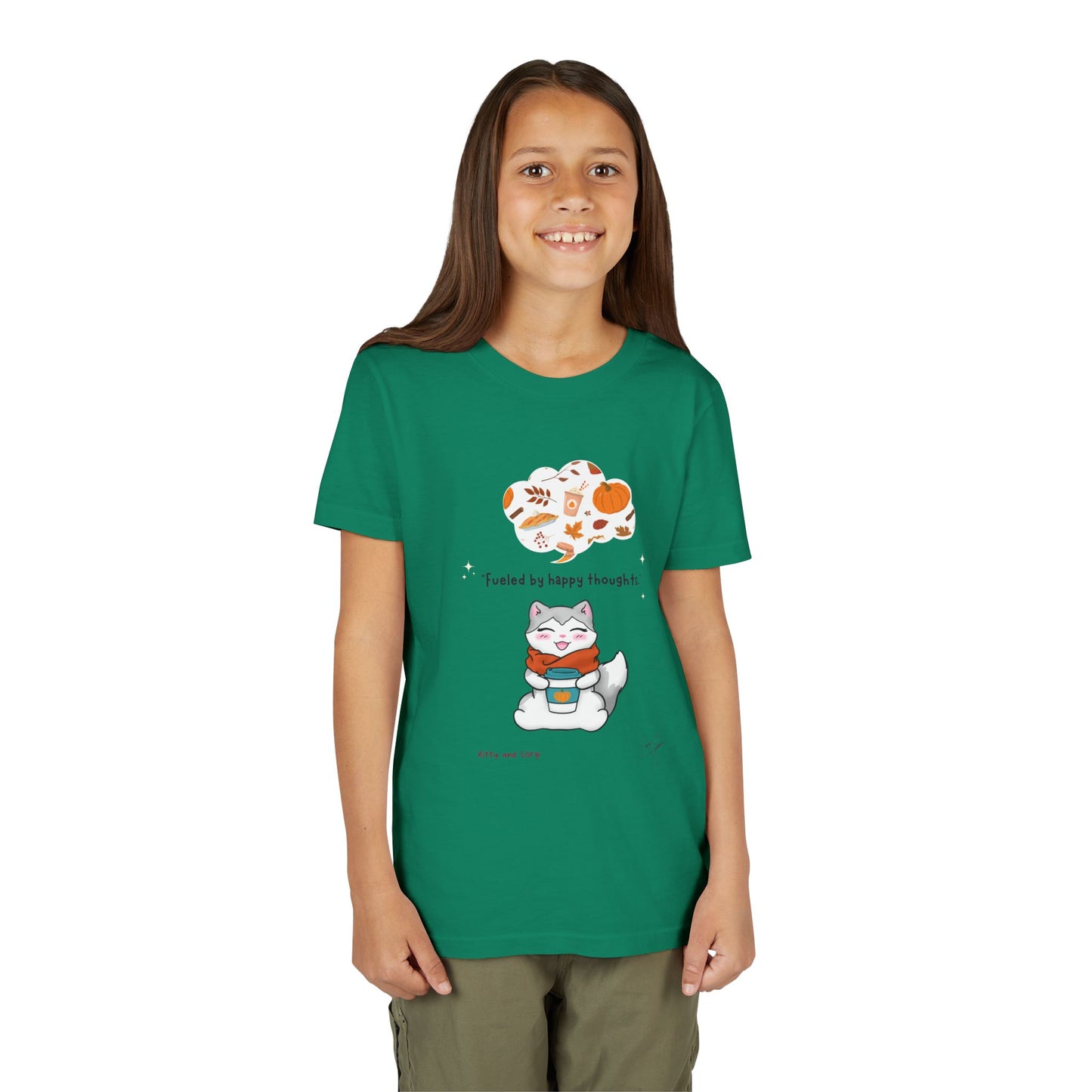 Youth Tee — Kitty loves Autumn - Fueled by Happy Thoughts - Unisex Youth/ Children's Graphic Tee