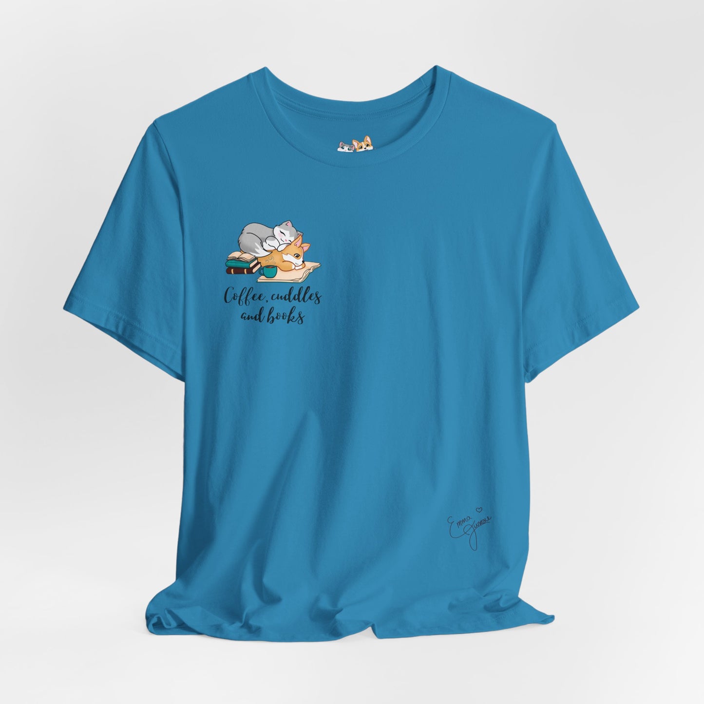 Kitty and Corgi — Coffee, Cuddles, and Books — Super Soft Cotton Airlume Unisex T-Shirt