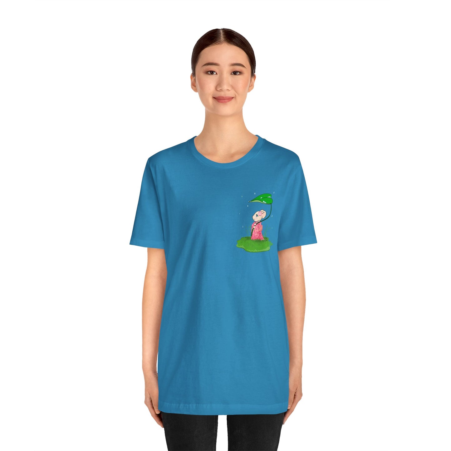 Sakura Mousie with a Leaf Umbrella on a Rainy Day - Super Soft Cotton Airlume Unisex T-Shirt (Small Pocket Graphic)