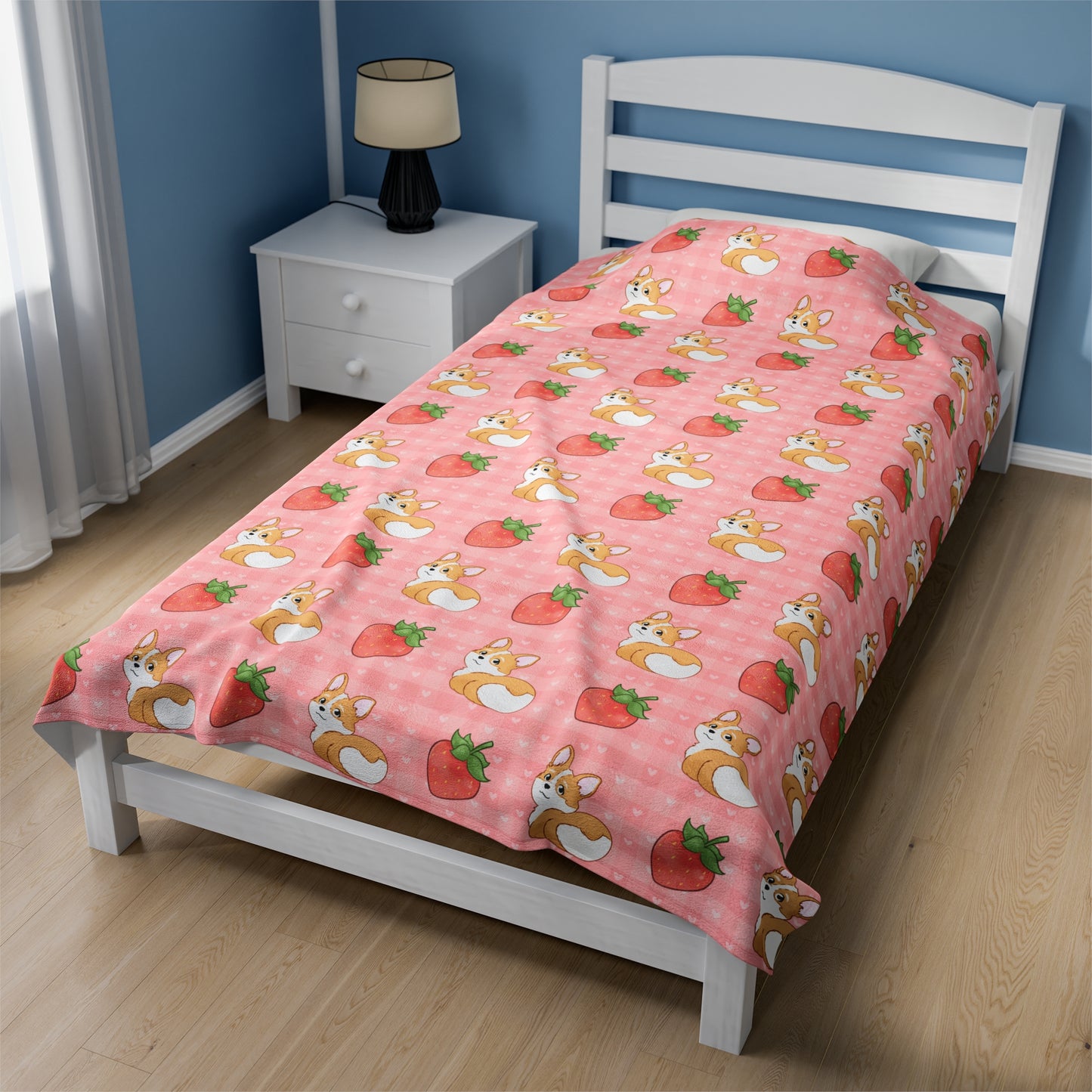 Corgi Butt and Strawberries Pink Gingham and Hearts Velveteen Plush Blanket