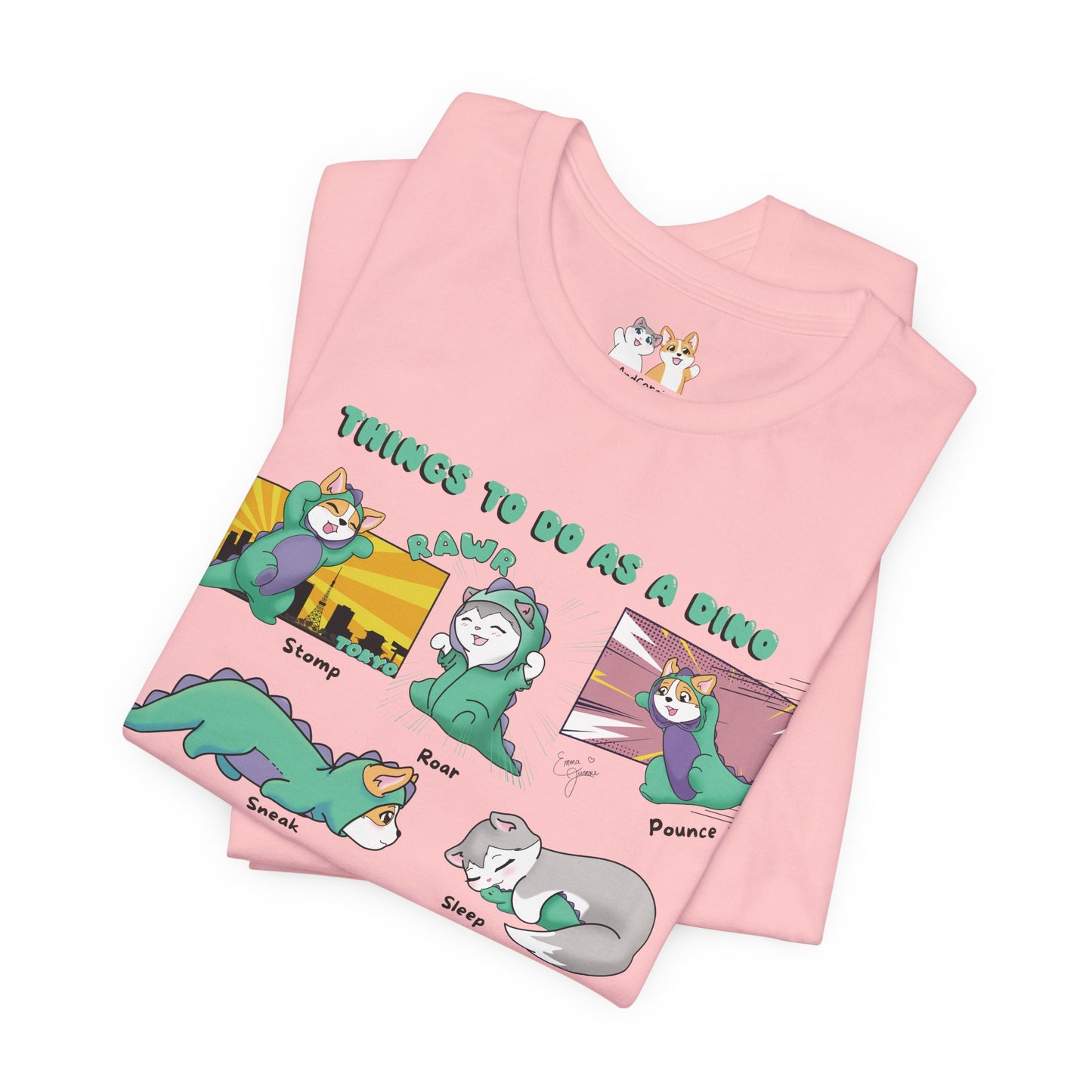 Kitty and Corgi - Things To Do As A Dino - Super Soft Cotton Airlume Unisex T-Shirt (Horizontal Graphic)