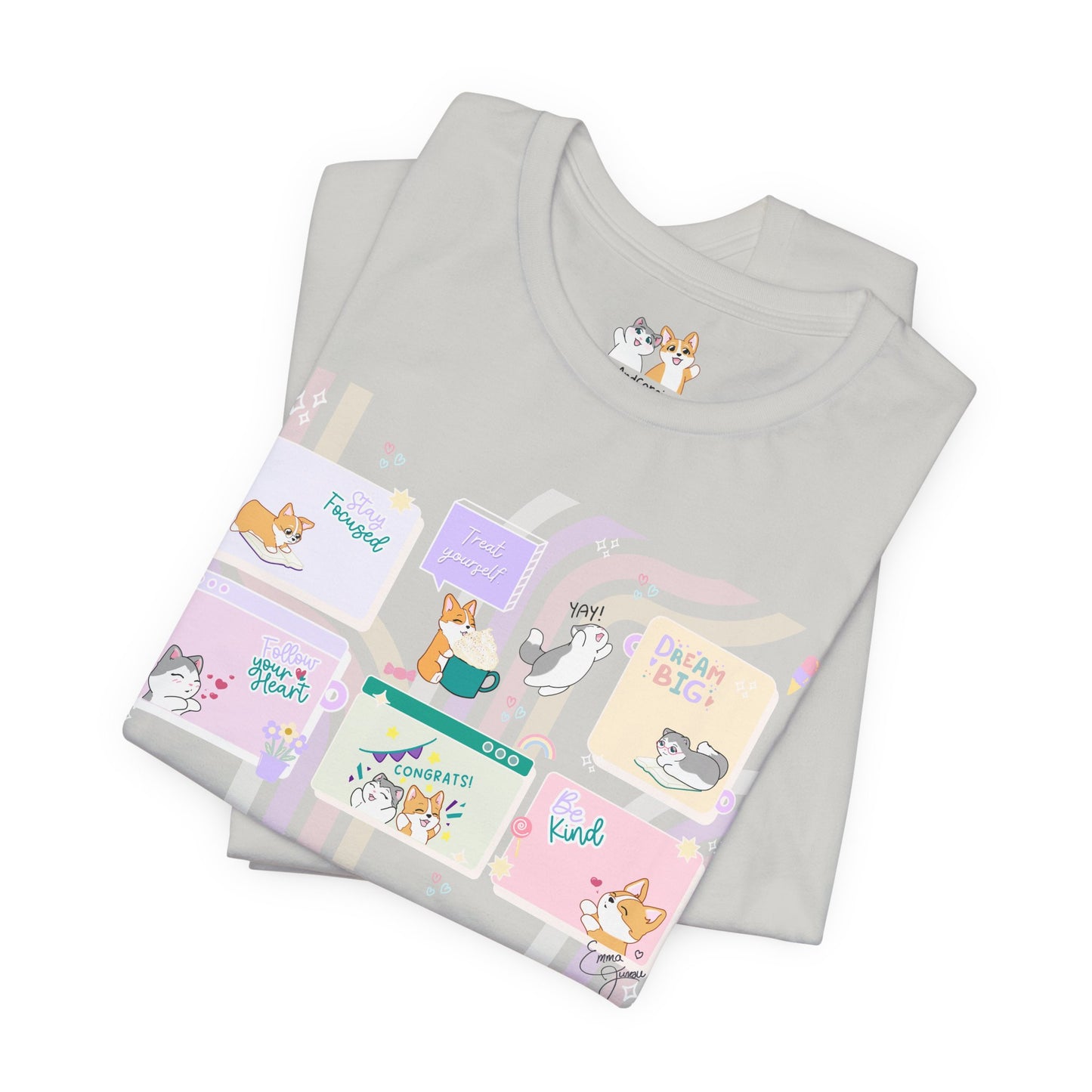 Kitty and Corgi - Groovy Encouragement Compilation - Super Soft Cotton Airlume Unisex T-Shirt (Horizontal Graphic)