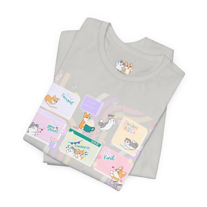 Kitty and Corgi - Groovy Encouragement Compilation - Super Soft Cotton Airlume Unisex T-Shirt (Horizontal Graphic)