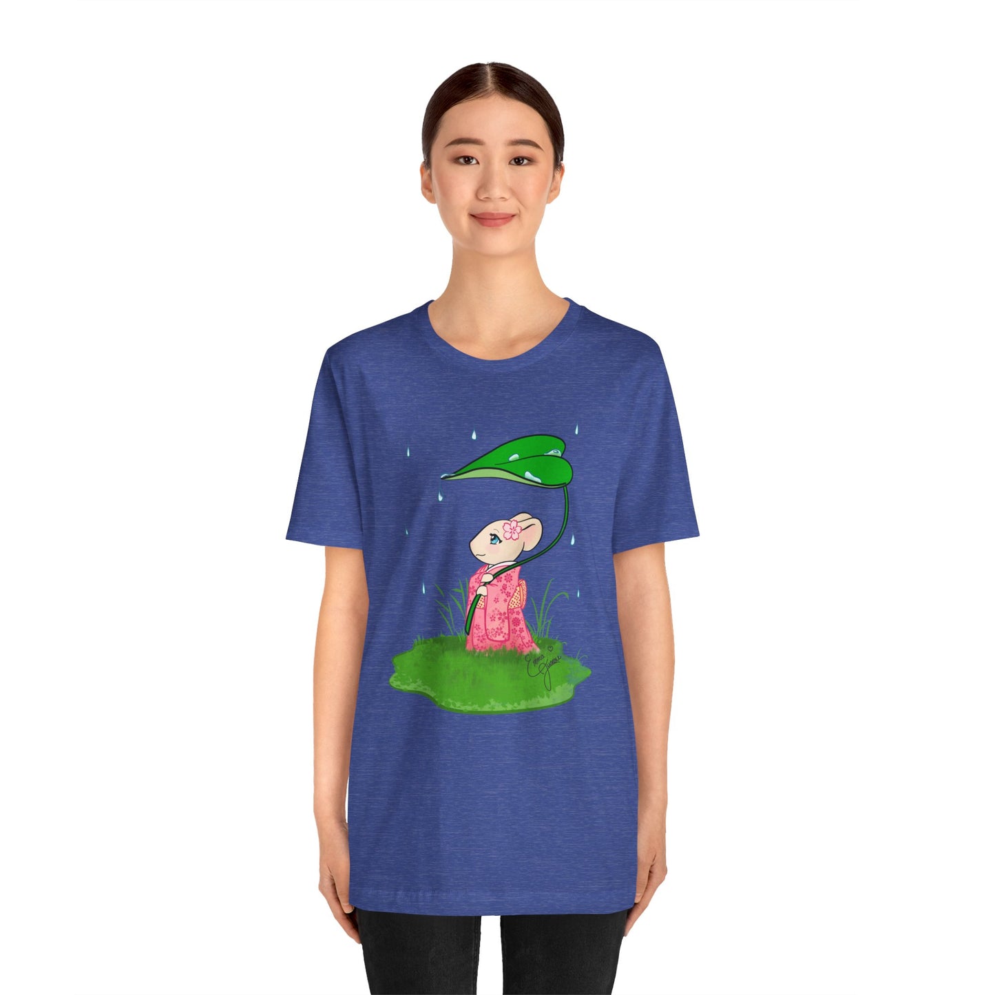Sakura Mousie with a Leaf Umbrella on a Rainy Day - Super Soft Cotton Airlume Unisex T-Shirt (Large Graphic)