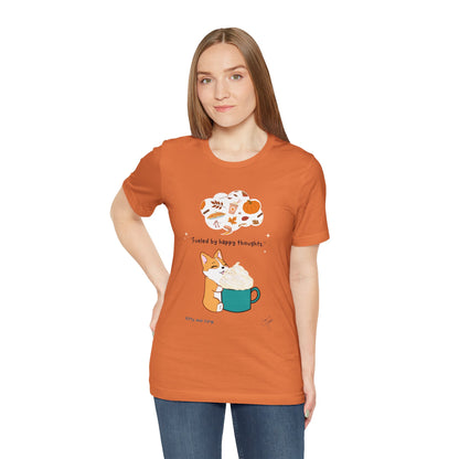 Corgi is Fueled by Happy Thoughts of Fall and Pumpkin Spice - Super Soft Cotton Airlume Unisex T-Shirt (Large Graphic)
