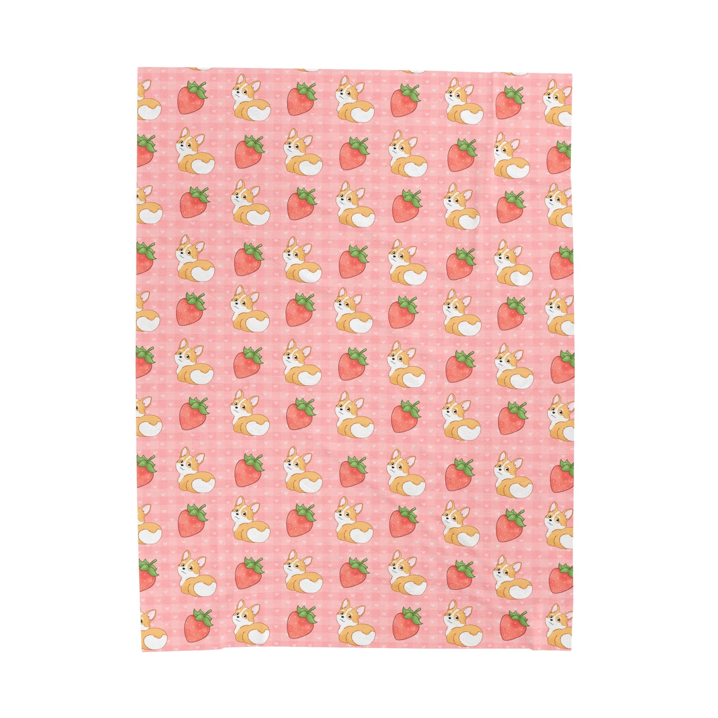 Corgi Butt and Strawberries Pink Gingham and Hearts Velveteen Plush Blanket